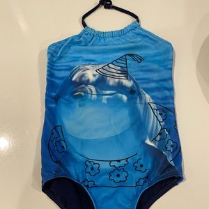 Girls Lands end swimsuit with whale friend on front; size 8.